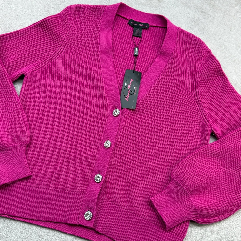 Elena Wang Cardigan Women L Fuchsia Pink Rhinestone Button Puff Sleeve Coquette